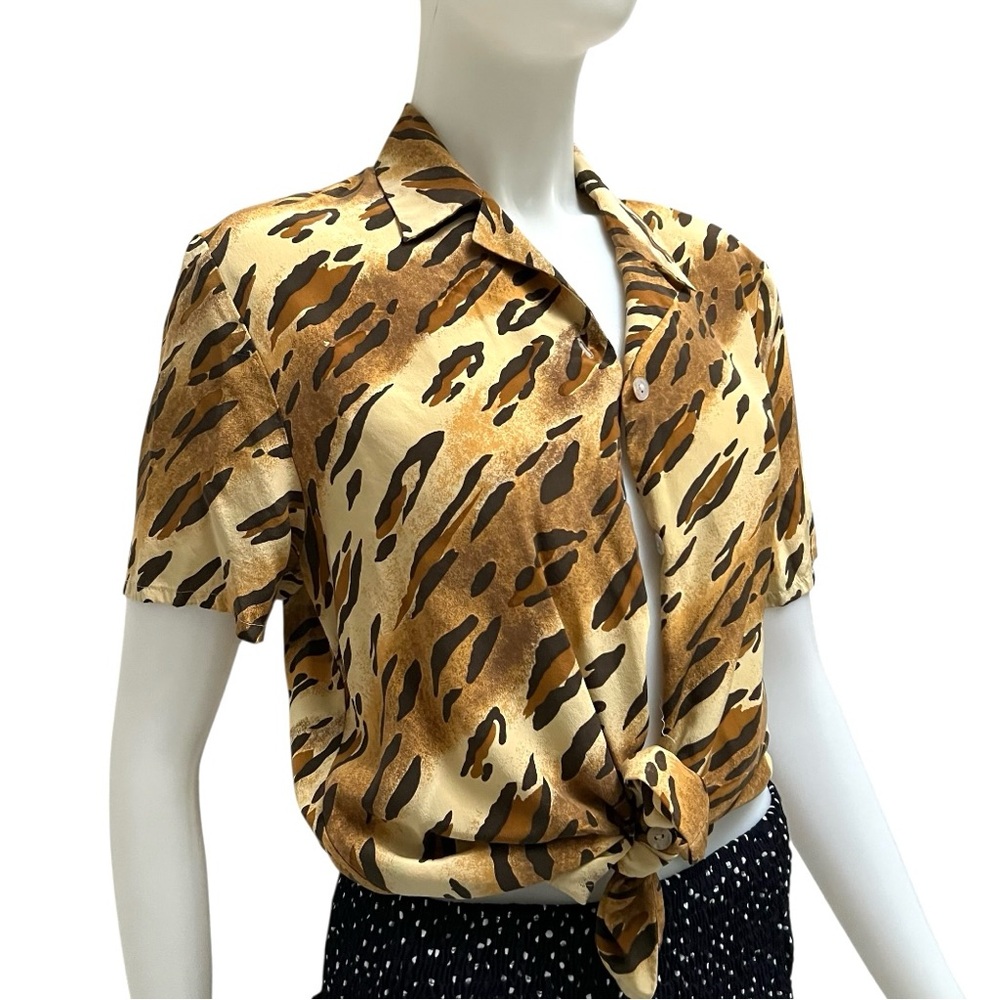 Vintage CITY SILK Button Down Leopard Print Silk Shirt Office Siren Carrier 90's